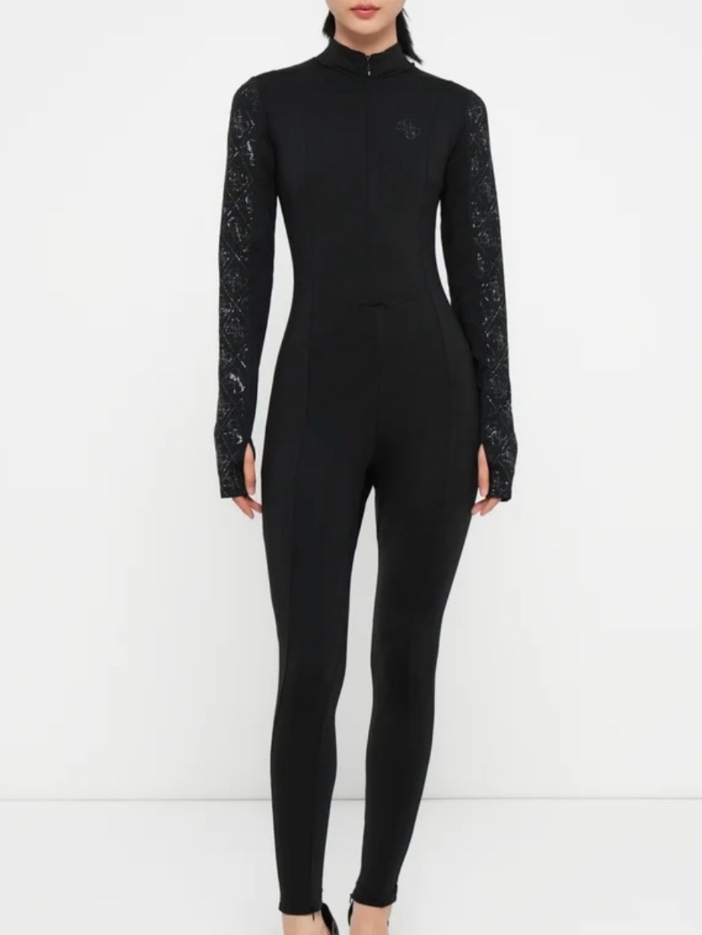 Guess Black Lace-Sleeve Fitted Jumpsuit